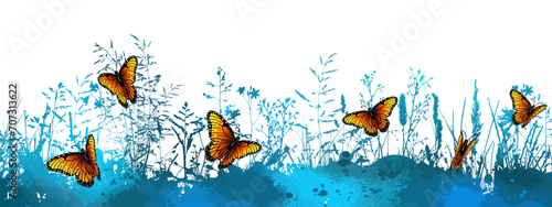 Vector illustration with butterflies in grass silhouette on white background. hand drawing. Not AI,