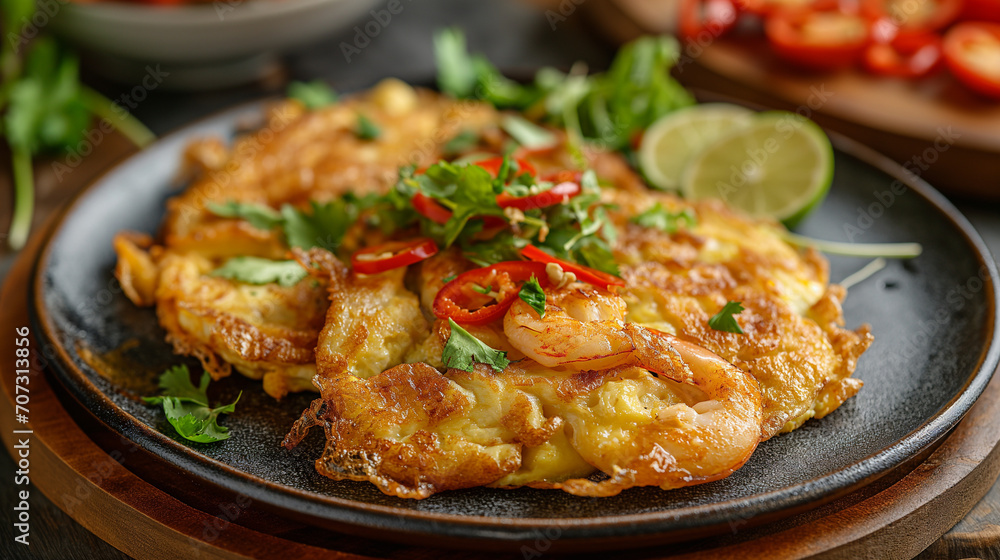 Thai style crispy egg omelette with shrimp