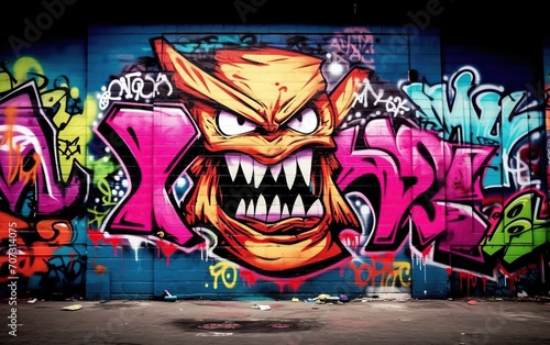 Graffiti on the wall with image of monster head. 