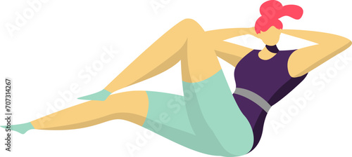 Woman in workout gear doing exercising pose. Female character practicing fitness routine. Healthy lifestyle and physical activity vector illustration.