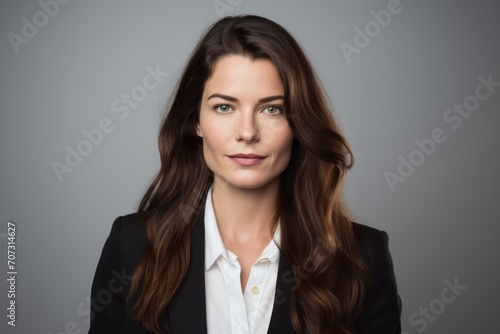 Portrait of a beautiful young businesswoman with long brown hair, isolated on grey background