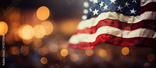 American Flag With dark Bokeh Lights Background photo
