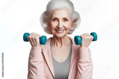 senior person exercising with dumbbells isolated on white background. ai generative