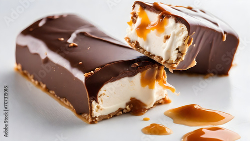 Closeup of broken chocolate bar nougat topped with caramel, enrobed in milk chocolate isolated on white background photo