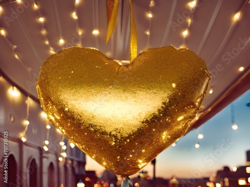 Фотография Golden heart shaped balloon on a city terrace with lights in the evening, romant
