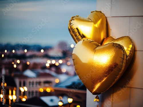 Cuadro en lienzo Gold heart shaped balloons on a city background, evening lights, romantic ambien