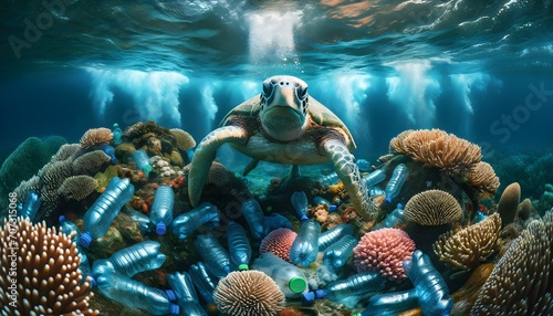 Sea turtle swimming in ocean full of plastic bottles, marine pollution concept, environment, animals and wildlife background © Karlo