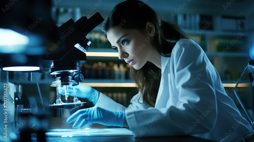 Expert female microbiologist scrutinizes medical samples using modern microscope in a tech-driven lab, driving breakthroughs in healthcare innovation Expert female microbiologist scrutinizes medical samples using modern microscope in a tech-driven lab, driving breakthroughs in healthcare innovation