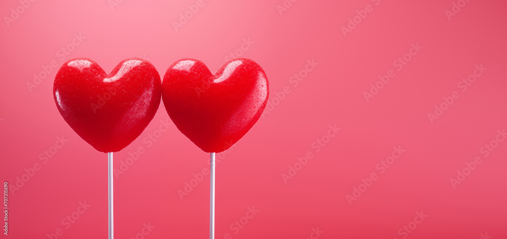 Happy Valentine's day! Minimalistic banner or background for Valentine's Day. Two red heart shaped lollipops on isolated pink background