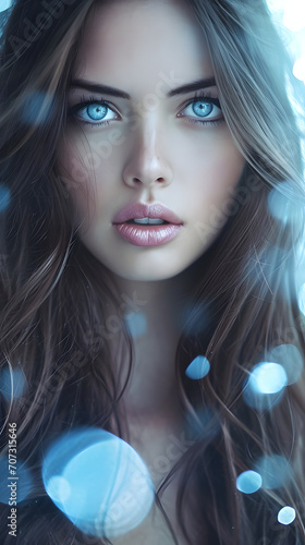 Enchanting Gaze: Close-Up of Brunette Model with Mesmerizing Blue Eyes - A Spellbinding Portrait of Captivating Beauty and Intense Blue Depths - Generative AI