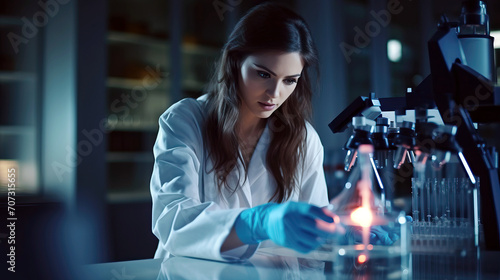 Serious concentrated female microbiologist doing research in laboratory photo