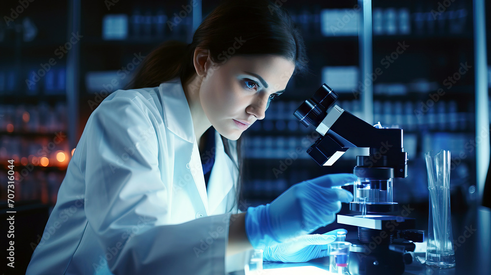 Serious concentrated female microbiologist doing research in laboratory Serious concentrated female microbiologist doing research in laboratory