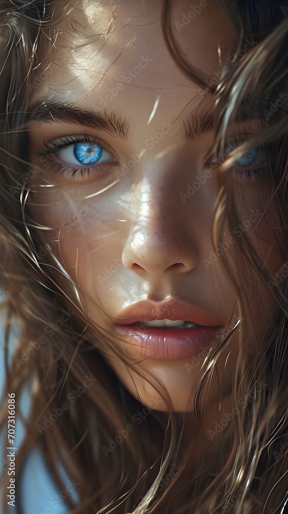 Enchanting Gaze: Close-Up of Brunette Model with Mesmerizing Blue Eyes - A Spellbinding Portrait of Captivating Beauty and Intense Blue Depths - Generative AI Enchanting Gaze: Close-Up of Brunette Model with Mesmerizing Blue Eyes - A Spellbinding Portrait of Captivating Beauty and Intense Blue Depths - Generative AI