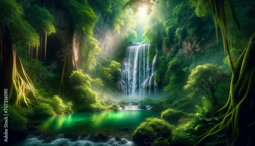 A scenic view of a waterfall in a lush forest  with a hidden cave behind it. Fantasy concept   Illustration painting