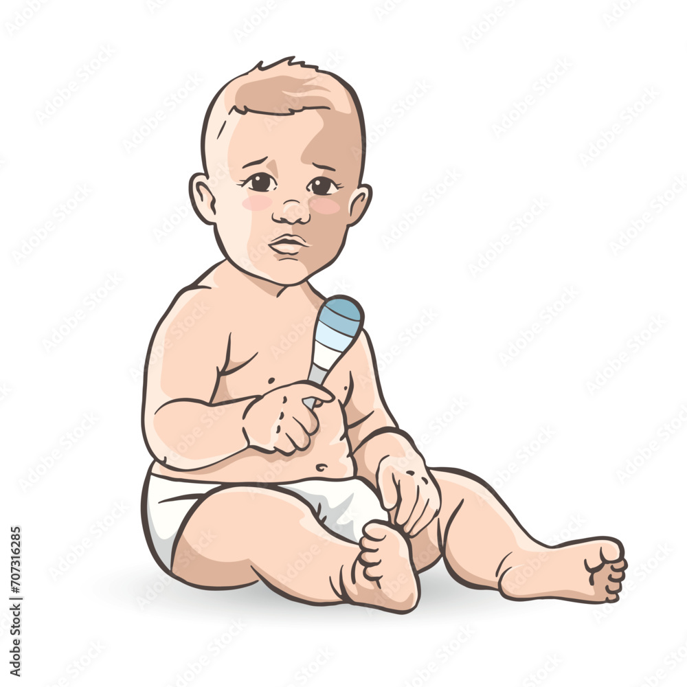 Sitting baby with rattle on white background Sitting baby with rattle on white background