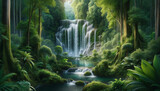 A scenic view of a waterfall in a lush forest, with a hidden cave behind it. Fantasy concept , Illustration painting