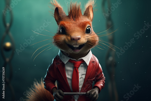 Funny anthropomorphic squirrel in red jacket and red tie.