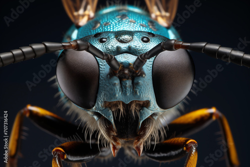 Macro shot of a blue insect, isolated on black background. Front view