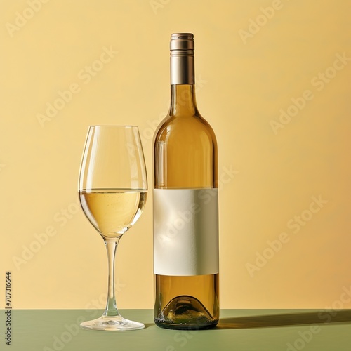 Bottle and glass of white wine on a beige background. - Generative AI