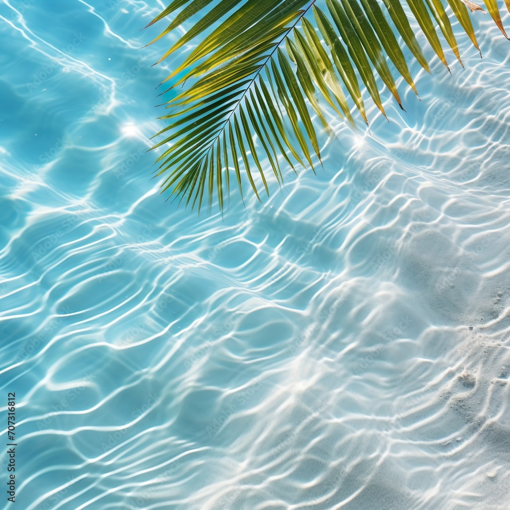 palm leaf shadow on abstract transparent blue water wave from above, empty sunny beach background concept for travel, vacation and beauty care with copy space - Generative AI