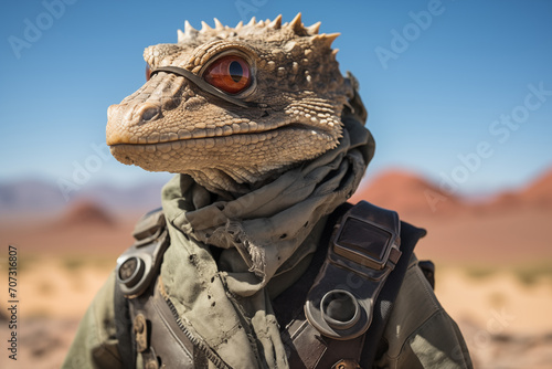 Portrait of anthropomorphic lizard in the desert. Animal character © Татьяна Евдокимова