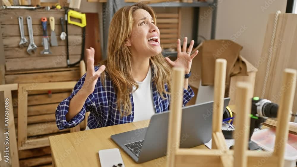 Angry beautiful latin woman screaming in frustrated rage at carpentry table Angry beautiful latin woman screaming in frustrated rage at carpentry table