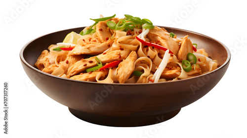 Chicken pad thigh, Thai cuisine, stir-fried chicken, pad Thai, noodles, peanut sauce, vegetables, transparent background, isolated chicken pad thigh, culinary delight, pad Thai dish, food photography