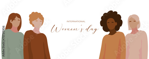 Greeting banner for March 8 with multiracial women on white background. International Women Day celebration