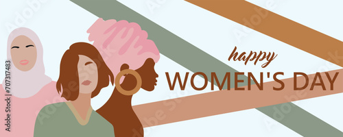 Greeting banner for March 8 with multiracial women. International Women Day celebration