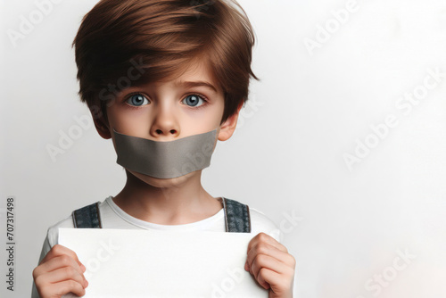 Little boy with gagged mouth holding white poster on solid white background. ai generative photo