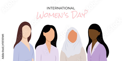Festive banner for March 8 with different women on white background. International Women Day celebration
