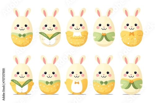 Assorted Cartoon yellow easter eggs Bunny Faces with Expressive Emotions, Perfect for Children's Content and Easter Graphics isolated on white background.