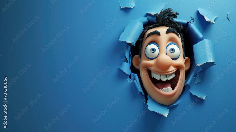 A crazy laughing man looks through a hole in a blue wall, smiling, cartoon illustration - obrazy, fototapety, plakaty 