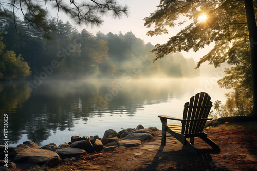 Wooden chair on the shore of a lake in the morning foggy forest.