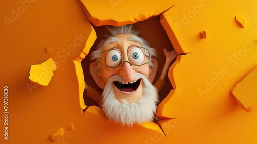 A crazy laughing grandpa looks through a hole in an orange wall, smiling, cartoon illustration
