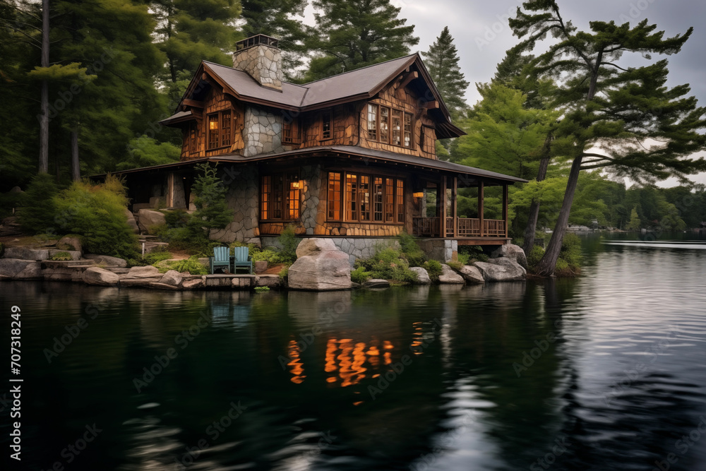 Japanese country house on the shore of a lake surrounded by coniferous trees in the evening