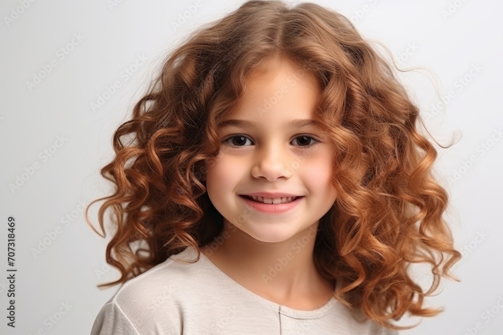 Portrait of a cute little girl with long curly hair over grey background Portrait of a cute little girl with long curly hair over grey background