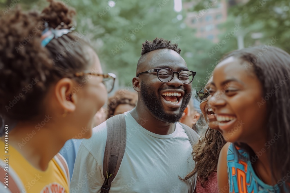 A candid shot of a multicultural group sharing a lighthearted moment in a city park. high-saturation color palette,, capturing the vibrant personalities and infectious laughter against a vivid urban b A candid shot of a multicultural group sharing a lighthearted moment in a city park. high-saturation color palette,, capturing the vibrant personalities and infectious laughter against a vivid urban b