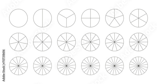 Set of segmented charts. Pie chart template. Diagram wheel parts. Many number of sectors divide the circle on equal parts. Black thin graphics. Collection of pizza charts icon. Segments infographic.  photo