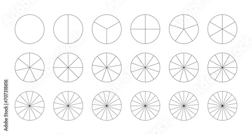 Set of segmented charts. Pie chart template. Diagram wheel parts. Many number of sectors divide the circle on equal parts. Black thin graphics. Collection of pizza charts icon. Segments infographic. 