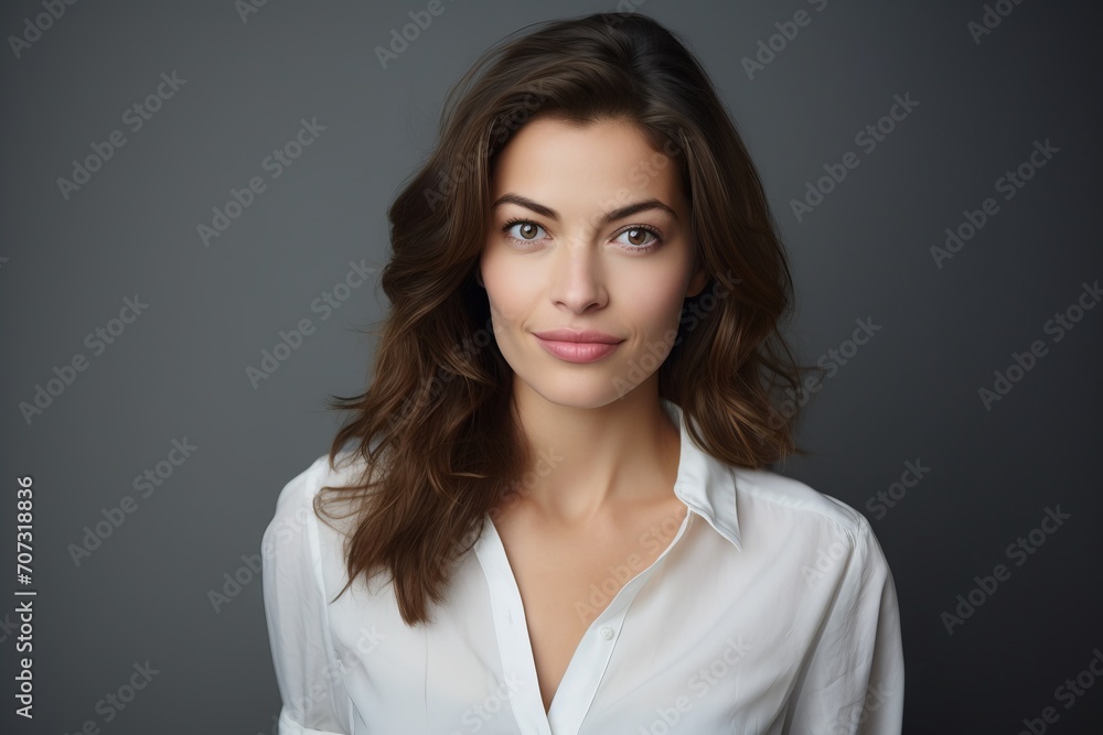 Portrait of beautiful young business woman in white shirt on grey background Portrait of beautiful young business woman in white shirt on grey background