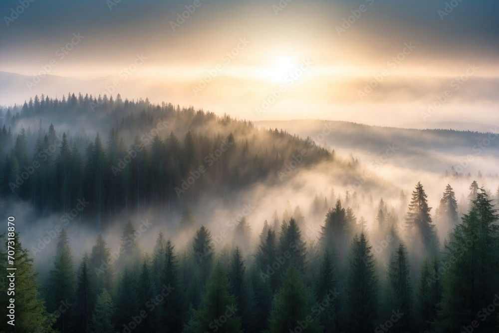 panorama of a coniferous forest in the mist of tree tops. ai generative panorama of a coniferous forest in the mist of tree tops. ai generative