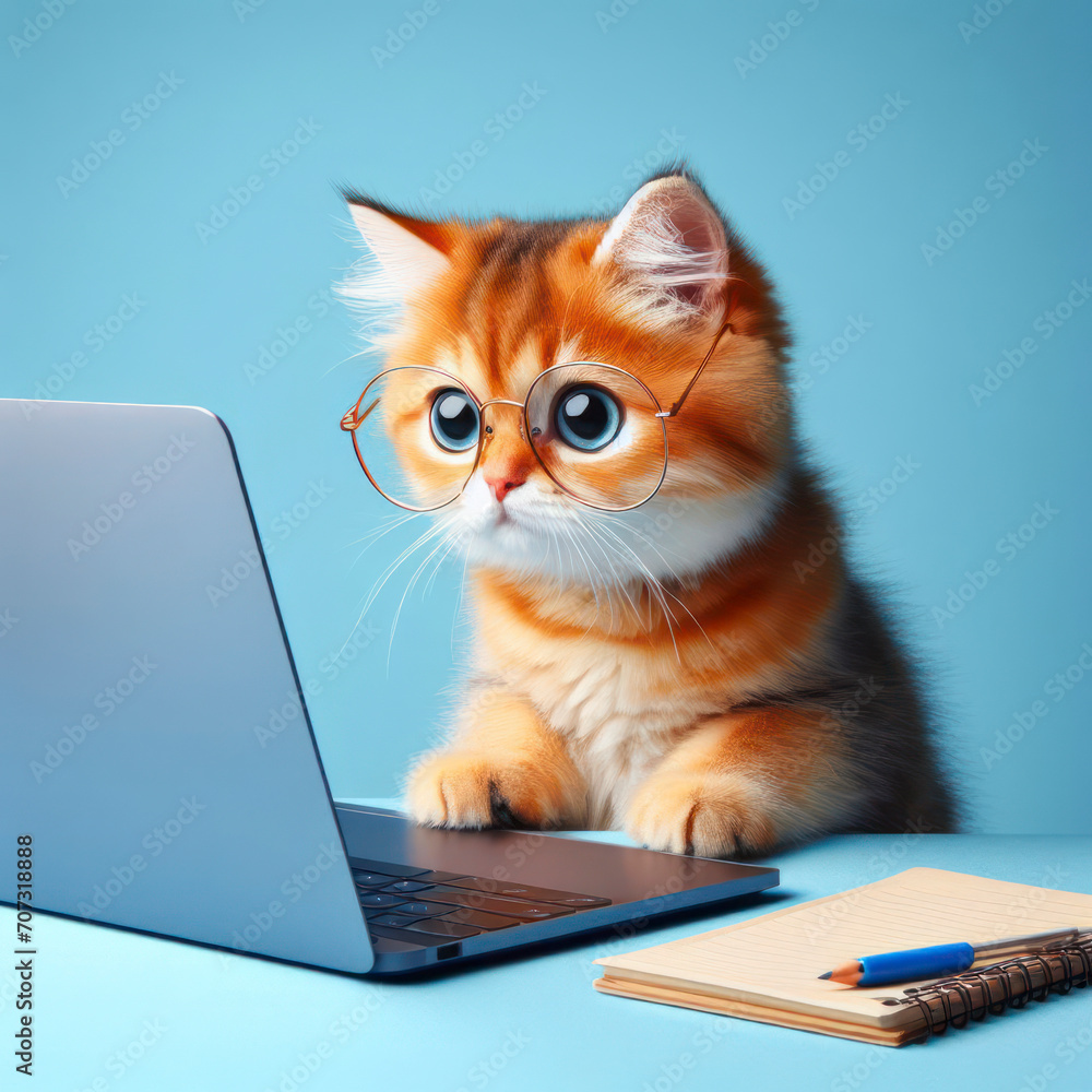 A cat with glasses and a surprised look on her face is looking at a laptop on solid green background. ai generative A cat with glasses and a surprised look on her face is looking at a laptop on solid green background. ai generative