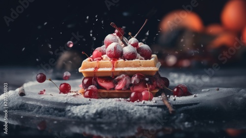 winter dessert delicious waffles with cherries and powdered sugar