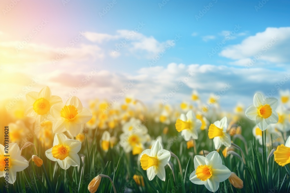 Beautiful panoramic spring nature background with daffodil flowers Beautiful panoramic spring nature background with daffodil flowers