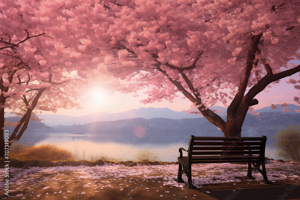 Cherry blossoms and bench in the park with sunrise background. Holiday by the lake
