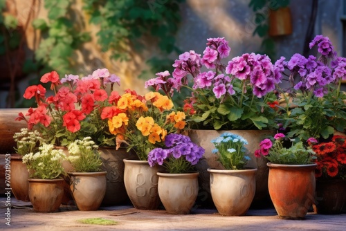 Beautiful colorful variety of spring and summer flowers in pots on the patio © serz72