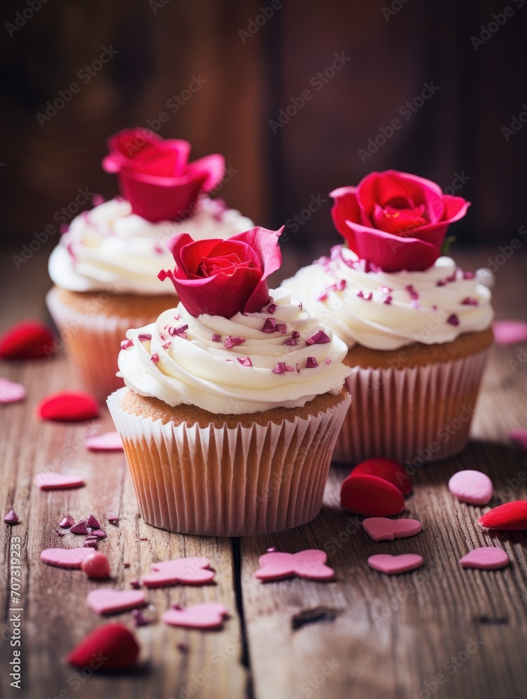 Small cupcakes with hearts and rose petals on a wooden background. Valentine's Day