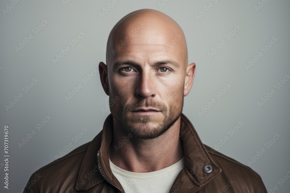 Portrait of a handsome bald man in a brown leather jacket. Portrait of a handsome bald man in a brown leather jacket.