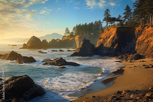 Landscape of coastal waves hitting the steep shore covered with coniferous forest at sunset photo